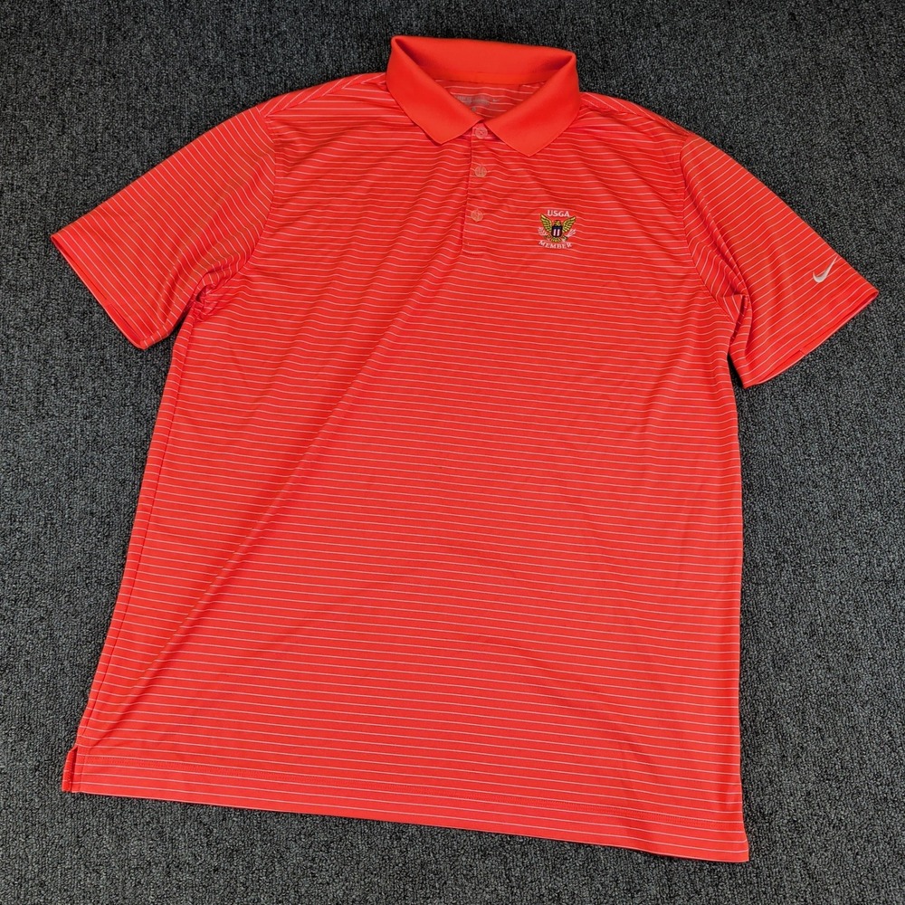 Nike Golf Polo Size L Mens Orange Striped USGA Member Dri-FIT Tour‎ Performance